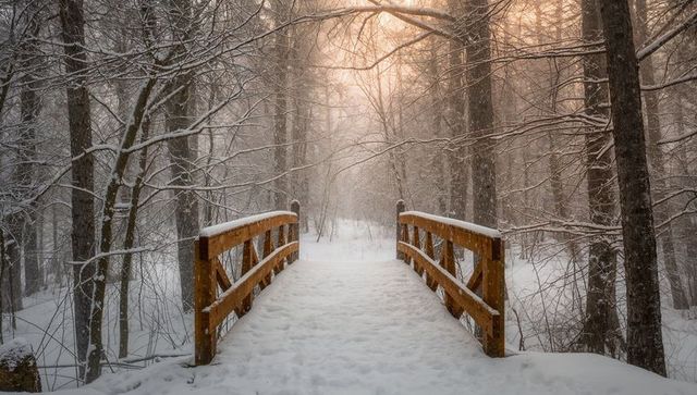 Snow-covered wooden footbridge leading into misty winter forest with warm sunrise glow