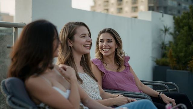 Friends laughing on rooftop terrace, woman in purple top smiling and chatting