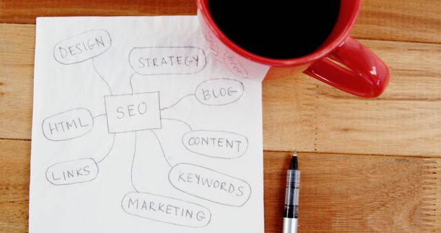 SEO Strategy Diagram with Pen and Coffee Cup on Wooden Desk - Download Free Stock Images Pikwizard.com