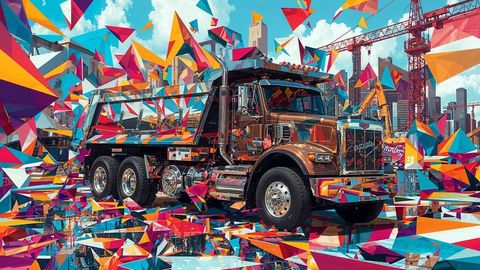 Colorful dumper truck at futuristic construction site