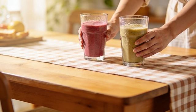 Hands placing two colorful smoothies on table with checkered runner in sunlit kitchen