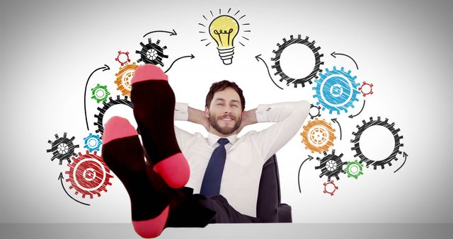 Relaxing Businessman with Colorful Gear Icons and Lightbulb - Download Free Stock Images Pikwizard.com