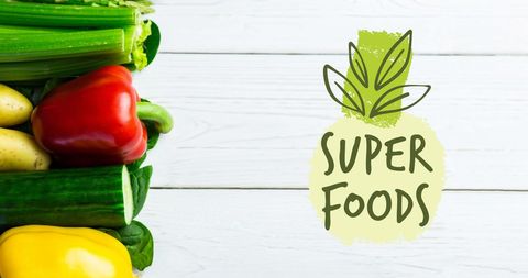 Vibrant Vegetables with Super Foods Text on Rustic Background - Download Free Stock Images Pikwizard.com