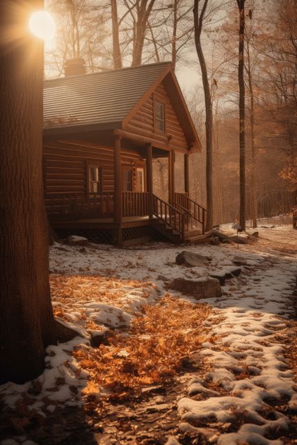 Wooden cabin in forest with sun rays and snow, created using generative ai technology. Cabin, nature, vacation and forest concept digitally generated image.