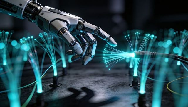 Robotic hand reaching, connecting glowing fiber-optic cable across futuristic data array
