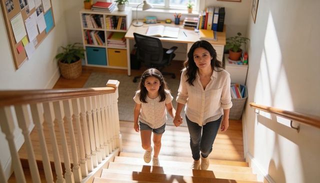 Mother and daughter walking up wooden stairs to sunlit home office with desk and plants