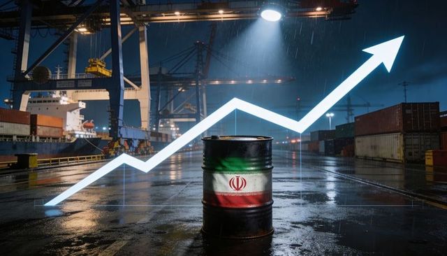 Iran oil barrel at night port with rising market arrow representing energy price surge