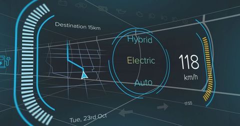 Futuristic car hud display showing navigation and speed