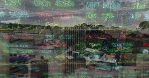 Data overlay on industrial junkyard conceptual background