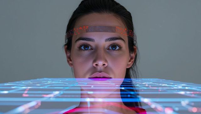 Adult female wearing translucent smart headband facing holographic data grid