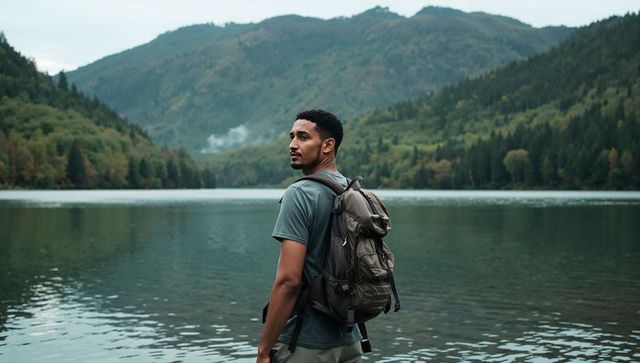 Standing hiker glancing at calm mountain lake with backpack and moody alpine forest