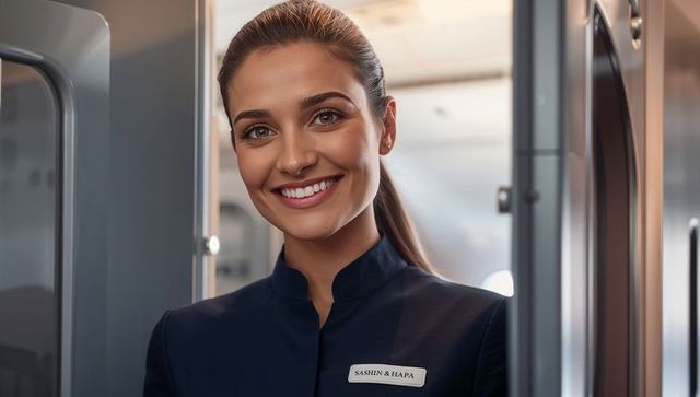 Smiling cabin attendant wearing navy uniform welcoming passengers inside aircraft galley