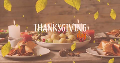 Thanksgiving Turkey Dinner with Rustic Autumn Setting and Text Overlay