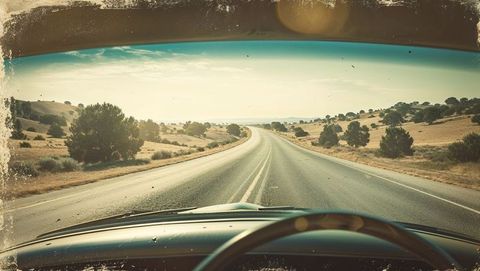 Vintage Road Trip Adventure From Vehicle Windshield View