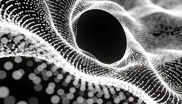Swirling Particle Tunnel Forming Luminous Dot Ribbon and Central Void