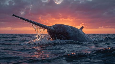 Majestic Narwhal Surfacing at Twilight Ocean with Vibrant Sunset
