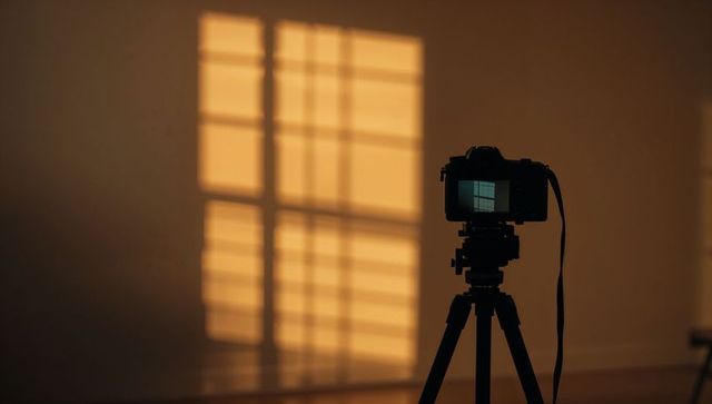 Mirrorless Camera on Tripod Capturing Warm Window Shadow Grid at Golden Hour