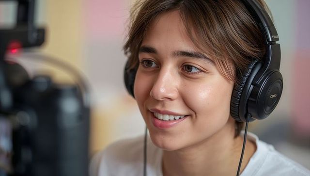 Smiling streamer creating content with studio headphones