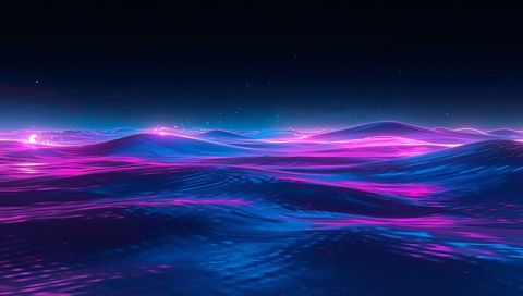 Rolling neon ocean waves glowing pink and blue reflections in futuristic night seascape