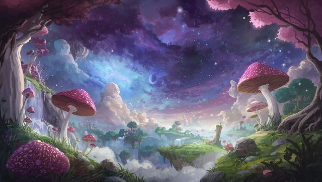 Enchanted landscape with magical mushrooms and floating islands