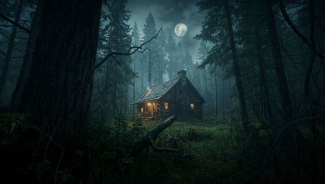 Cozy Cabin Illuminated Under Moonlight in Enchanting Forest
