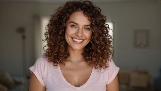 Smiling woman with curly hair in cozy minimalist living room