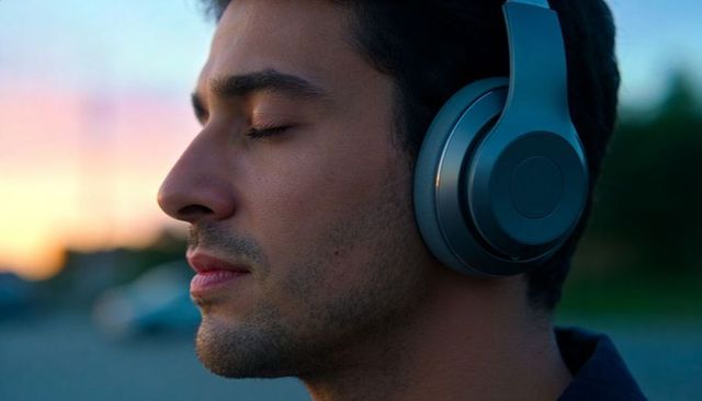 Middle-eastern man listening to music with headphones at dusk, eyes closed, reflective