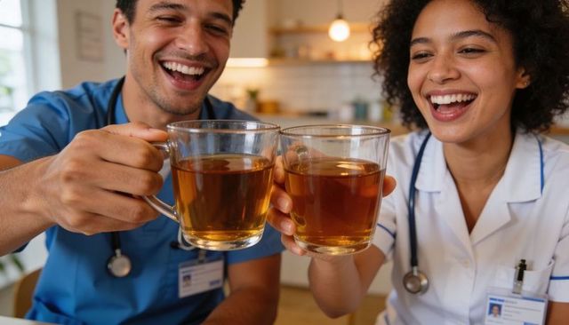 Nurses clinking tea mugs during break, smiling healthcare team bonding over tea