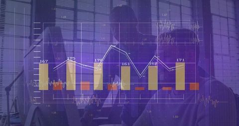 Presenting corporate analytics with purple overlay while team reviews bar and line charts