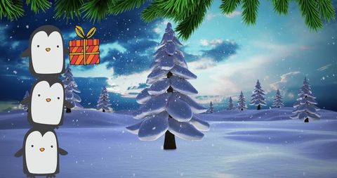 Happy Penguins in Winter Wonderland with Gift