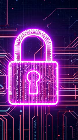 Vertical Cybersecurity Animation Pulsing Neon Padlock Over Circuit Traces and Data Grid