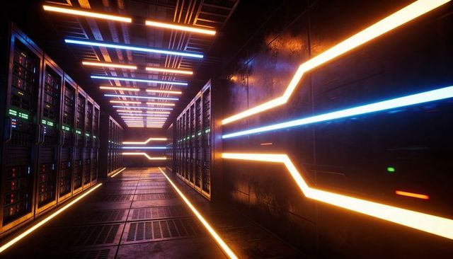 Futuristic data center aisle glowing with neon led lines and reflecting server racks