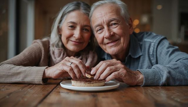 Senior couple sharing chocolate tart while smiling at cozy kitchen table, intimate moment
