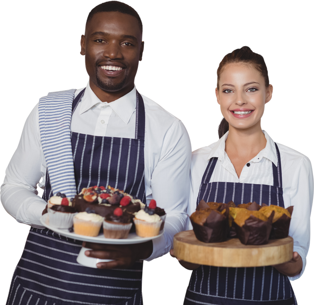 Confident Cafe Staff Displaying Assorted Gourmet Pastries on Transparent Background - Download Free Stock Videos Pikwizard.com