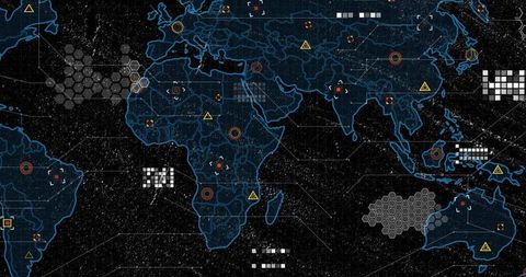 Neon-blue global data map hud with hexgrid, network icons and cybersecurity visualization