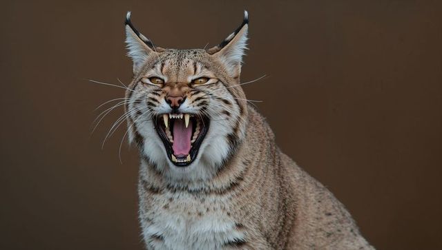 Eurasian lynx snarling with open mouth showing sharp canines and tufted ears closeup