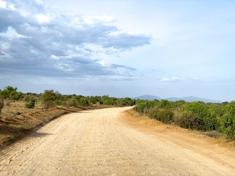 Dusty dirt road curving through dry scrubland beneath expansive cloudy sky