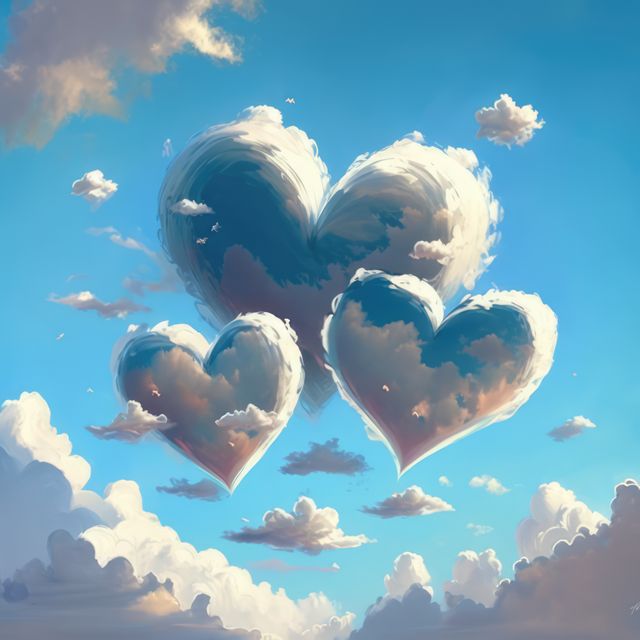 Illustration of heart-shaped clouds floating in a bright blue sky. Evokes feelings of love, romance, and whimsy. Ideal for romantic designs, greeting cards, wedding invitations, and nature-themed projects. Use in promotions and advertisements aimed at celebrating love and affection.