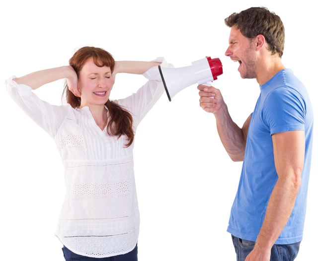 Man Shouting through Transparent Megaphone at Woman Blocking Ears - Download Free Stock Videos Pikwizard.com