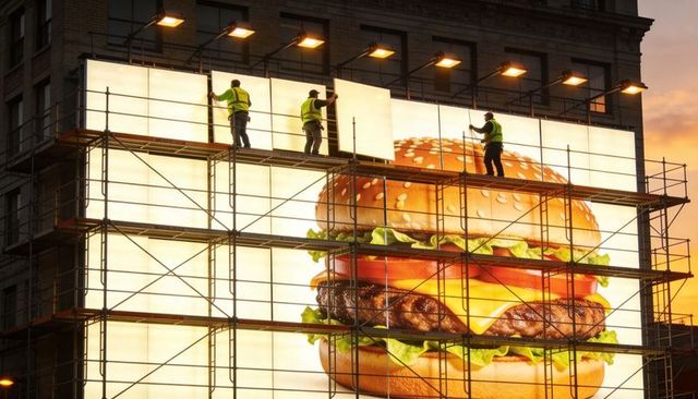 Crews installing backlit burger billboard panels on urban scaffold at sunset
