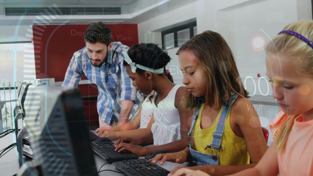 School setting showcasing a diverse group of children engaged in computer learning, guided by a teacher. Virtual data overlay highlights intersection of education and technology. Useful for illustrating concepts of modern education, diversity in tech classrooms, and engaging digital methodologies in schools.