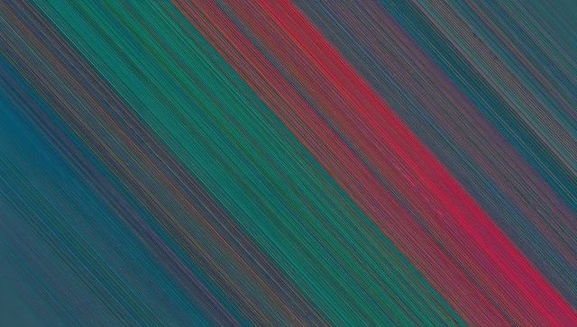 Slanting diagonal stripes flowing from teal green to red pink with blue-grey texture