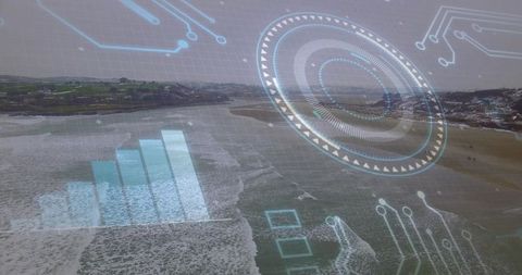 Aerial coastline curving with breaking waves and hud overlay for coastal data visualization