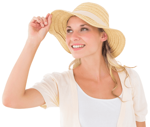 Smiling Young Blonde Woman in Sunhat with Light Apparel on White Background