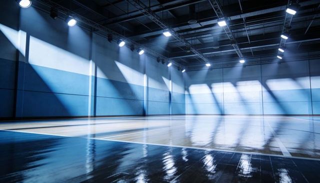 Empty basketball court with glossy hardwood, dramatic overhead lighting and reflections