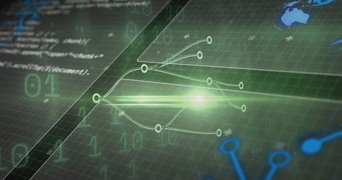 Glowing Network Node with Branching Digital Connections on Green Binary Grid, Neon Tech