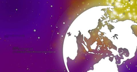 Rotating white globe showing Asia Pacific on purple tech background with halftone sparkles