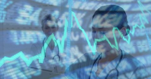 Clinician checking digital patient data overlay with stethoscope in hospital ward