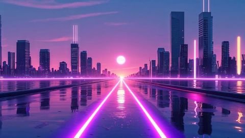 Futuristic neon cityscape with twilight reflection