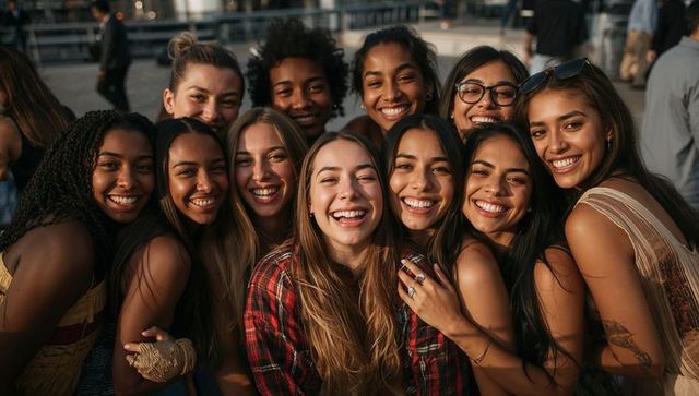 Smiling diverse group of women laughing and posing on waterfront promenade at golden hour